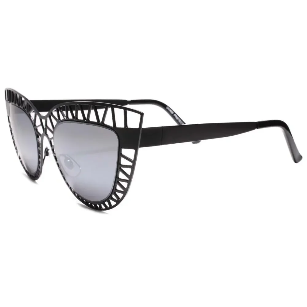 Black Metal Cat Eye Sunglasses Chrome Mirrored Lens